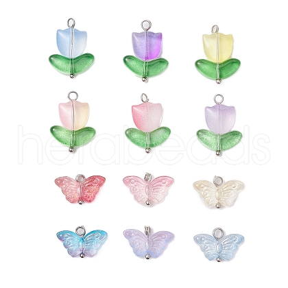 12Pcs 2 Styles Tulip & Butterfly Transparent Glass Pendants PALLOY-JF03657-1