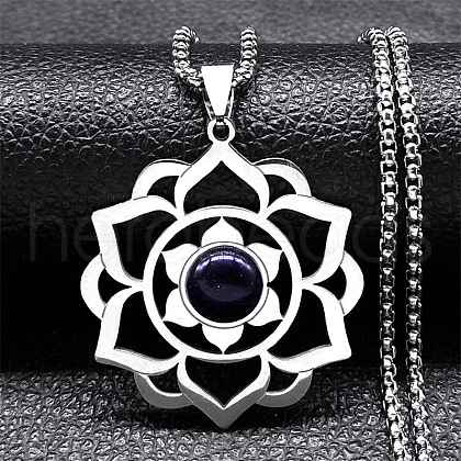 Chakra Lotus Flower 304 Stainless Steel Pave Synthetic Blue Goldstone Pendant Necklaces for Women NJEW-K283-26P-1