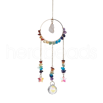 Chakra Gemstone Chips & Brass Ring Pendant Decorations HJEW-JM01284-1