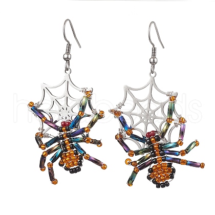 Halloween Braided Glass Seed Beads & 201 Stainless Steel Dangle Earrings EJEW-MZ00158-1