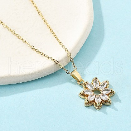 Brass Micro Pave Clear Cubic Zirconia Flower Pendant Neckalces for Women NJEW-S448-05G-1