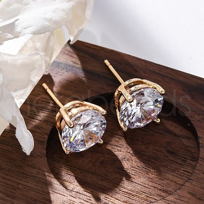 Brass Micro Pave Clear Cubic Zirconia Stud Earrings EJEW-K300-26G-1