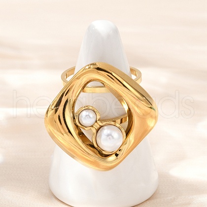 304 Stainless Steel with Plastic Pearl Adjustable Cuff Rings RJEW-Z093-02G-1