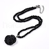 Natural Obsidian 4.5mm Round Beaded Flower Pendant Necklaces NJEW-T016-04B-3