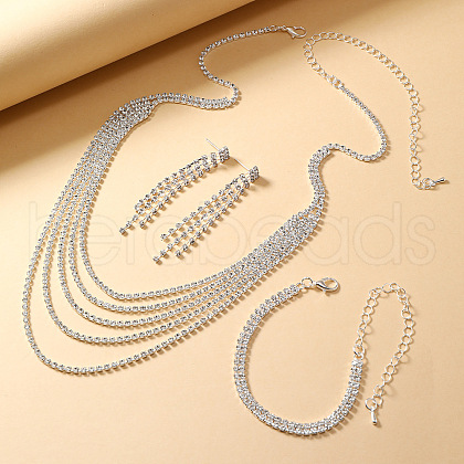 Alloy Crystal Rhinestone Tassel Multilayer Necklaces & Stud Earrings & Chain Bracelets Sets FS-WG38DB5-01-1