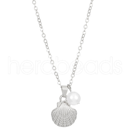Shell Shape Alloy & Round Plastic Imitation Pearl Pendant Necklaces for Women FS-WG40A88-07-1