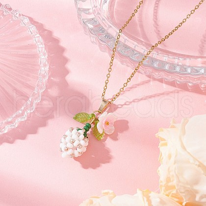Glass Seed Beaded & Imitation Pearl Flower Pendant 304 Stainless Steel Cable Chain Necklaces for Women NJEW-MZ00115-04-1