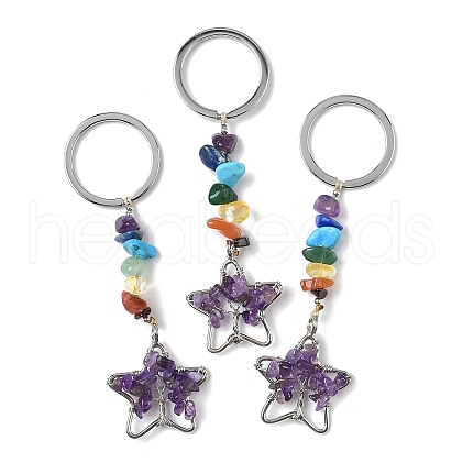 Star Brass Amethyst Keychains HJEW-S006-01P-K-1