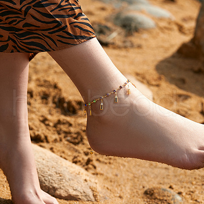 Bohemian Brass & Acrylic Flat Round Link Chain Anklets with Colorful Rectangle Tassel AJEW-Z046-03G-1