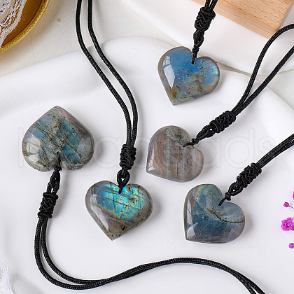 Heart Natural Labradorite Pendant Adjustable Braided Cord Necklaces FS-WG928F5-01-1