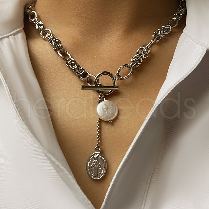 Stainless Steel Oval Virgin Mary & Flat Round Baroque Natural Freshwater Pearl Pendant Necklaces FS-WG7A760-01-1