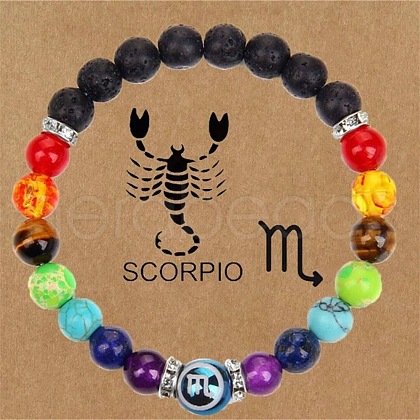 12 Constellations 7 Chakra Natural Lava Rock & Agate & Amethyst & Tiger Eye & Turquoise & Glass Round Beadeed Stretch Bracelets WG33A89-11-1