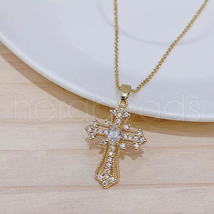 Alloy Crystal Rhinestone Religion Cross Pendant Necklaces for Women Men NJEW-C089-03G-1