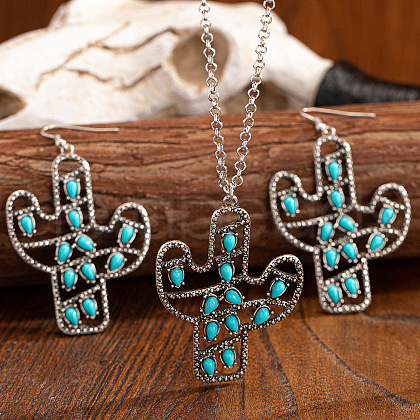 Cactus Alloy & Acrylic Pendant Necklaces & Dangle Earrings Sets FS-WG5E564-01-1