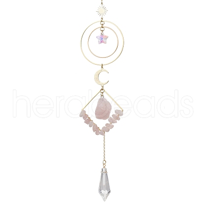 Wire Wrapped Natural Rose Quartz Chips Rhombus Hanging Ornaments HJEW-TA00298-1