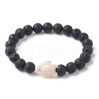 Natural Lava Rock Round & Synthetic Turquoise Turtle Beaded Stretch Bracelet for Women BJEW-JB09700-04-1