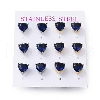 6 Pair 2 Color Heart Cubic Zirconia Stud Earrings EJEW-A024-15B-1
