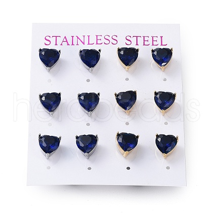 6 Pair 2 Color Heart Cubic Zirconia Stud Earrings EJEW-A024-15B-1