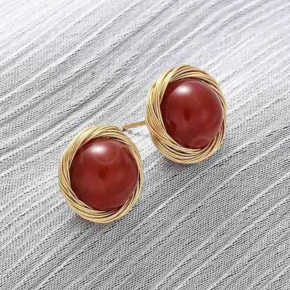 Brass Natural Carnelian Stud Earrings EJEW-Q043-01G-1