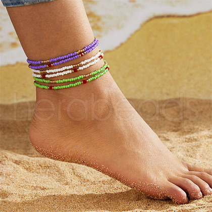 6Pcs Bohemian Style Glass Seed Rondelle Beaded Stretch Anklets for Women WG3334E-08-1