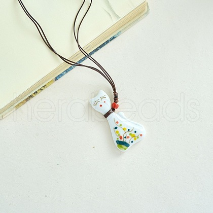 Porcelain Pendant Adjustable Imitation Leather Cord Necklaces for Women FS-WGE6687-02-1