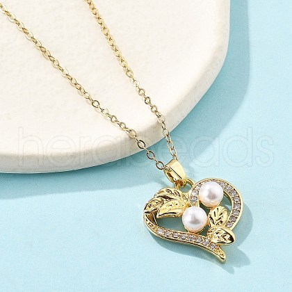Brass Micro Pave Clear Cubic Zirconia Heart with Leaf Pendant Neckalces for Women NJEW-S448-11G-1