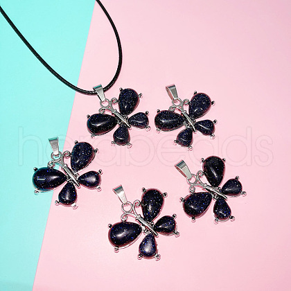 Butterfly Alloy Pave Synthetic Blue Goldstone Pendant Imitation Leather Cord Necklaces FS-WG1163A-02-1