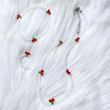 Cherry Glass Beaded Necklaces & Charm Bracelets & Rings Sets FS-WG8A581-02-1