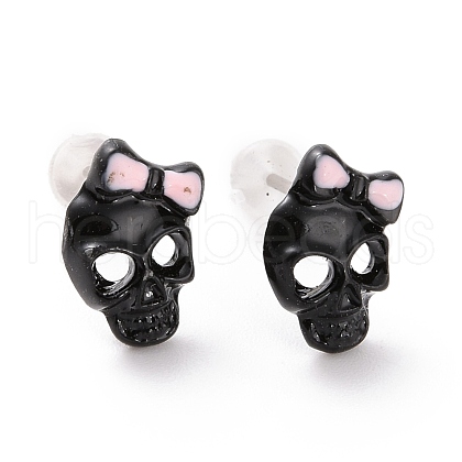 Alloy Skull with Bowknot Stud Earrings with Steel Pin EJEW-E143-15-1