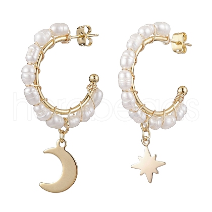Mother's Day Jewellery Moon & Star Natural Pearl Dangle Half Hoop Earrings EJEW-JE05895-01-1