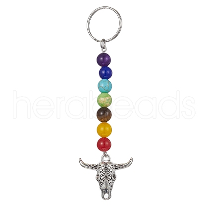 Tibetan Style Alloy Bull Head Kcychain HJEW-JM01311-03-1