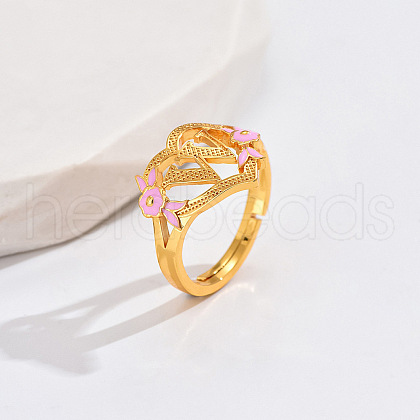 Heart & Flower Brass Pearl Pink Enamel Adjustable Finger Rings FS-WG8B9BA-21-1
