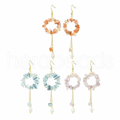 3 Pairs 3 Styles Natural Mixed Stone & Brass Dangle Earrings EJEW-TA00552-1