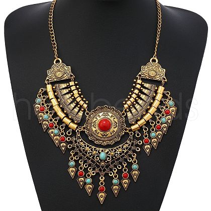 Ethnic Style Zinc Alloy Pave Synthetic Turquoise Teardrop Statement Chunky Bib Necklaces for Women FS-WG23959-02-1