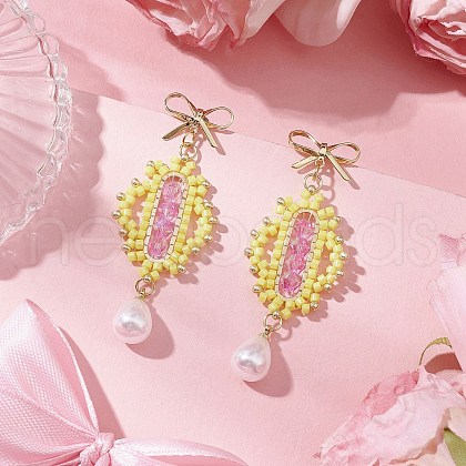 Transparent Electroplate Glass Beads Rhombus with Bowknot Dangle Stud Earrings EJEW-MZ00430-03-1
