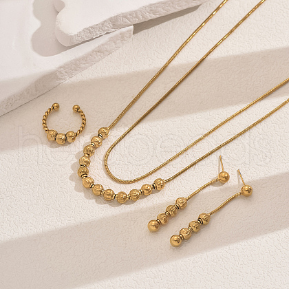 Vintage Stainless Steel Round Beaded Double-Layer Necklaces & Earrings & Cuff Rings Set for Women Party GW6989-1