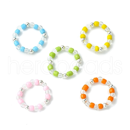 5Pcs 5 Colors Acrylic & Glass Seed Beaded Stretch Rings Set RJEW-JR00594-S-1