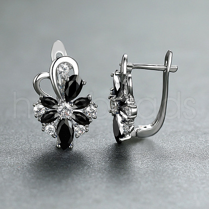 Brass Micro Pave Cubic Zirconia Flower Hoop Earrings WGA76CA-02-1