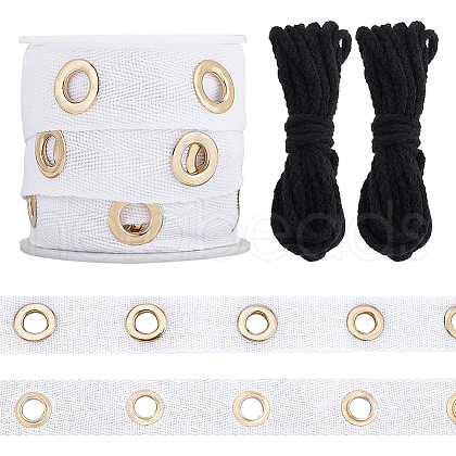 Olycraft 5 Yards Cotton Ribbons with Golden Tone Iron Eyelet Rings and Cotton Thread SRIB-OC0001-05A-1