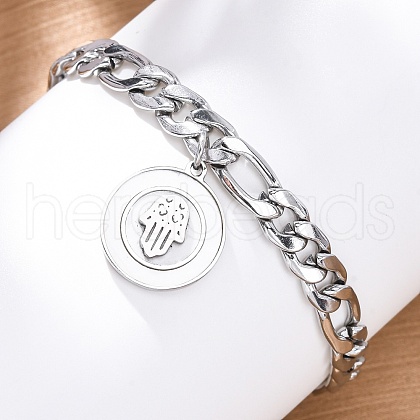 304 Stainless Steel Flat Round with Hamsa Hand Charm Bracelets BJEW-A036-13P-1