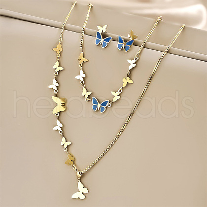 Butterfly Stainless Steel Pendant Slider Necklace & Stud Dangle Earring & Link Bracelet FS-WG94DC7-01-1