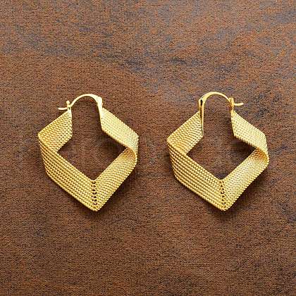 Textured Rhombus Brass Hoop Earrings for Women EJEW-U055-03A-G-1