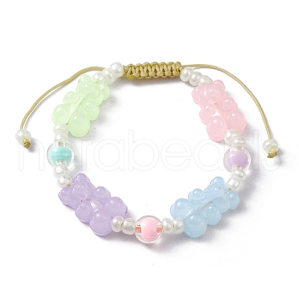 Adjustable Acrylic Bear & Glass Pearl Braided Bead Bracelets BJEW-JB10100-1