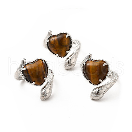 Natural Tiger Eye Heart with Snake Open Cuff Ring RJEW-P082-02P-01-1