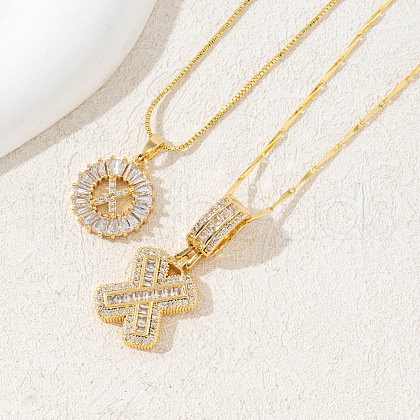 2Pcs 2 Styles Brass Pave Clear Cubic Zirconia Initial Pendant Necklace Sets FS-WGBC393-24-1