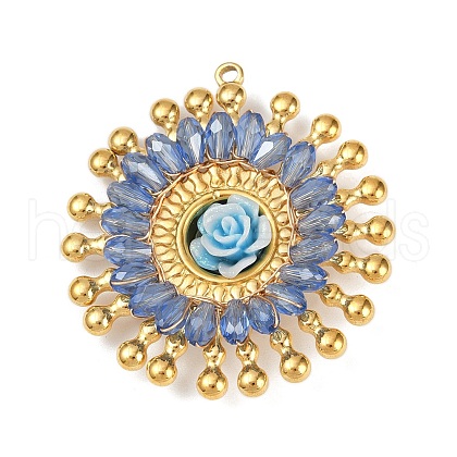 304 Stainless Steel and Resin Flower Pendants STAS-R170-03G-01-1