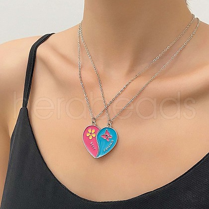 2Pcs Fashionable Alloy Enamel BFF Flower Butterfly Heart Pendant Necklaces for Women FS-WGCCF5D-04-1