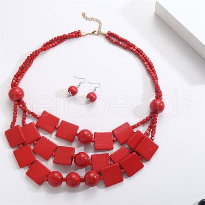 Bohemian Style Wood Square & Round Beaded Multilayer Necklaces & Dangle Earrings Sets FS-WG2F343-03-1