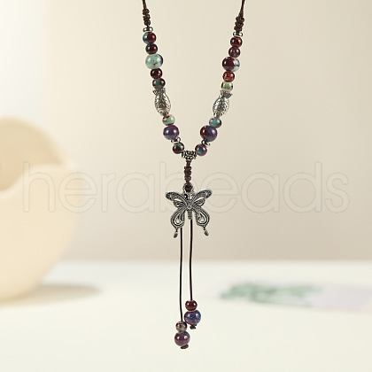 Ethnic Style Butterfly Alloy & Porcelain Beads Pendant Long Necklaces for Women FS-WG12891-09-1
