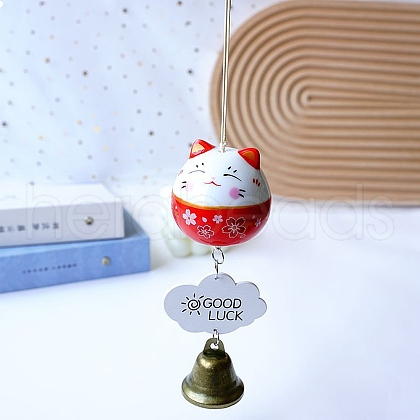 Porcelain Maneki Neko Hanging Bell Wind Chimes Decor PW23030300385-1